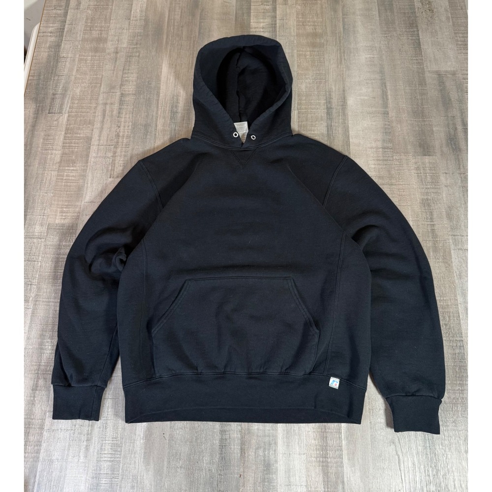 Russell Athletic Mens Black Pullover Hoodie Sweatshirt Large V-Stitch Blank